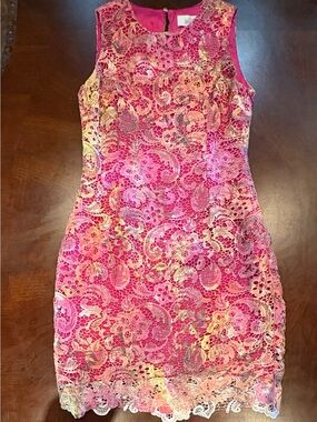 Belle Badgley Mischka Floral Lace Dress Size 8 Pink Multicolor Sleeveless